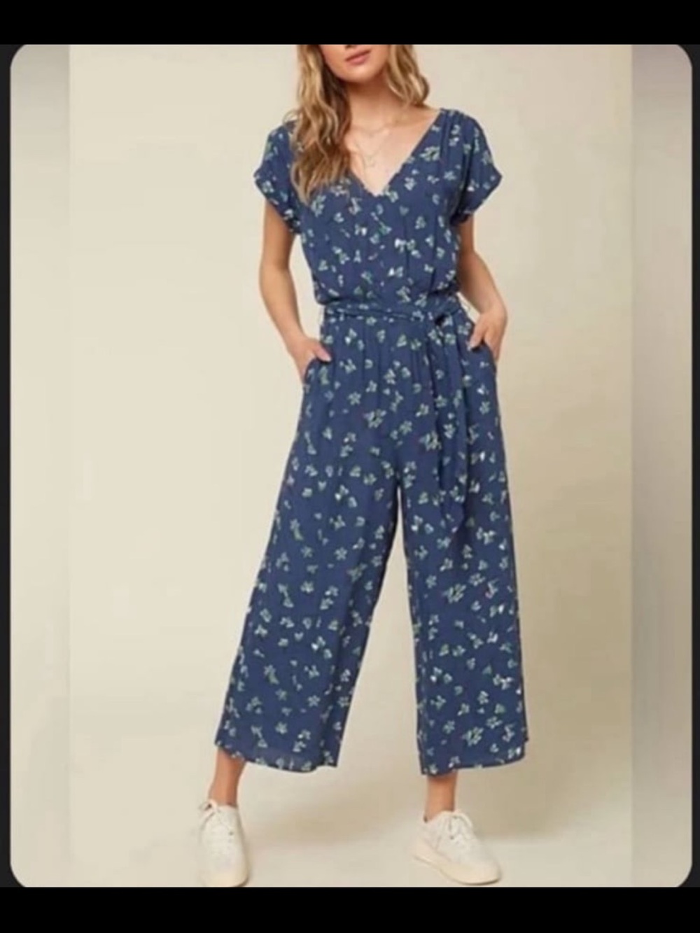 O'Neill Blue Floral V-Neck Wide-Leg Jumpsuit with Tie Waist